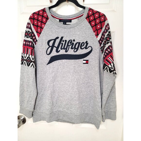 Tommy Hilfiger Women Aztec Patterned Crewneck Embroidery Sweatshirt Grey & Red S - Picture 2 of 11